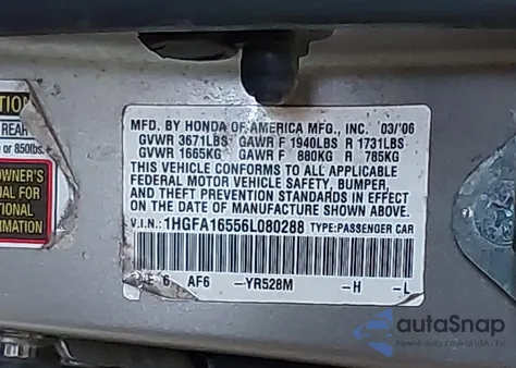 2006 Honda Civic Lx z USA, uszkodzony, nr VIN 1HGFA16556L080288